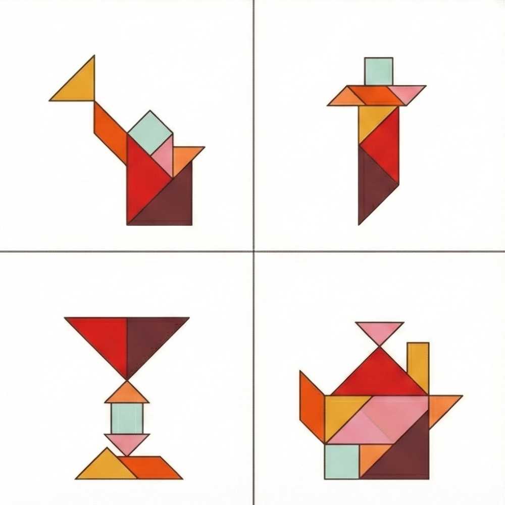 Tangram Lösungen Objekte: Teekanne, Kelche und Werkzeuge